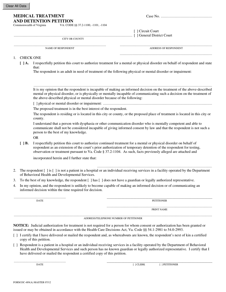 Form DC-489(A) Medical Treatment and Detention Petition - Virginia, Page 1