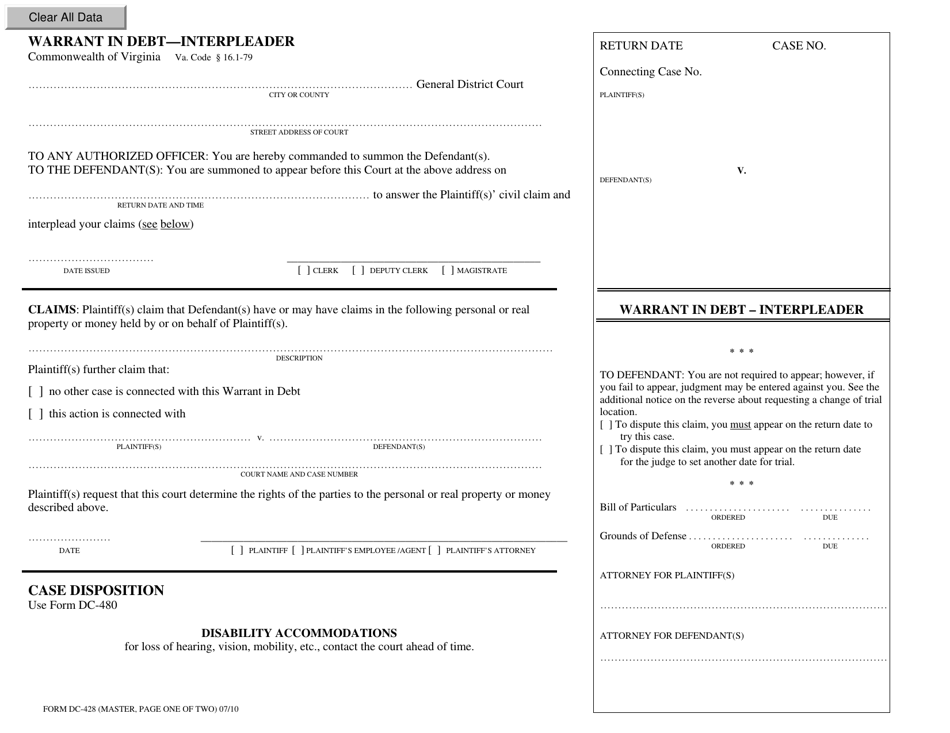 Form DC-428 Warrant in Debt - Interpleader - Virginia, Page 1