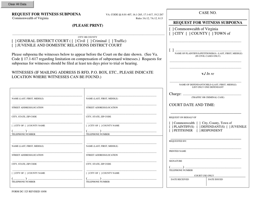 Form DC-325 Request for Witness Subpoena - Virginia