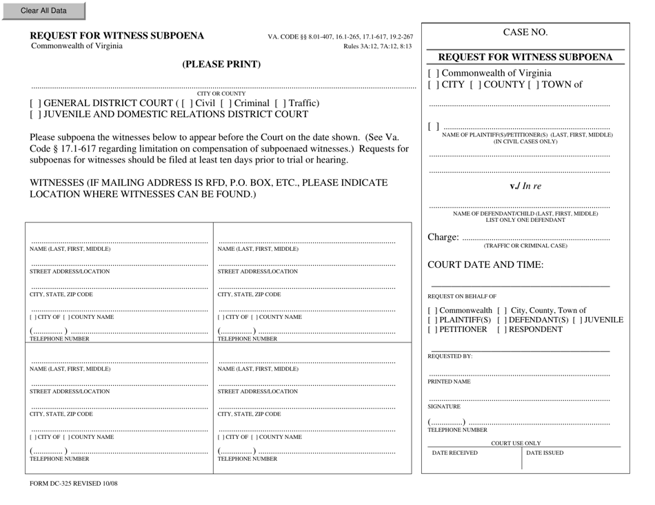 Form DC-325 Request for Witness Subpoena - Virginia, Page 1