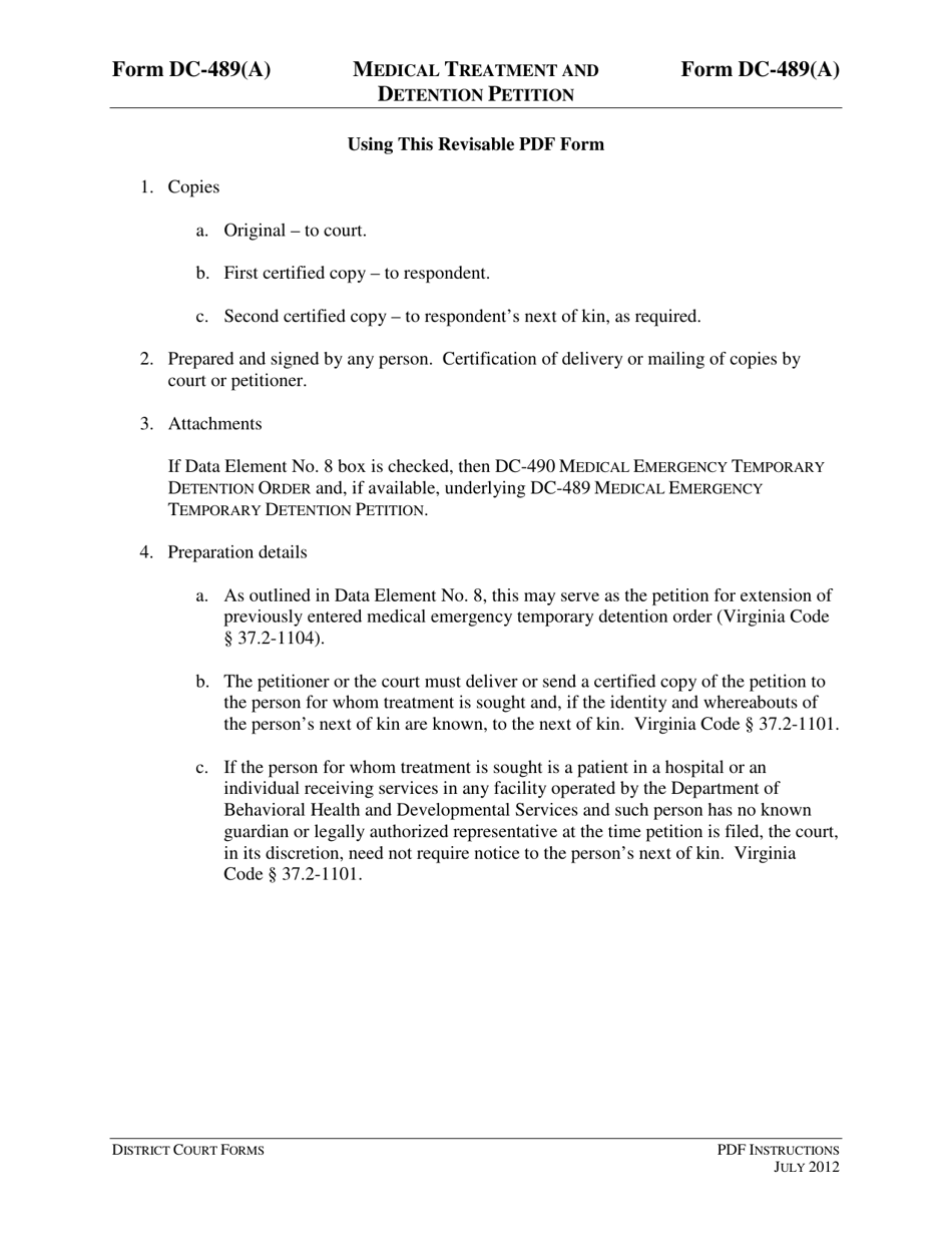 Instructions for Form DC-489(A) Medical Treatment and Detention Petition - Virginia, Page 1