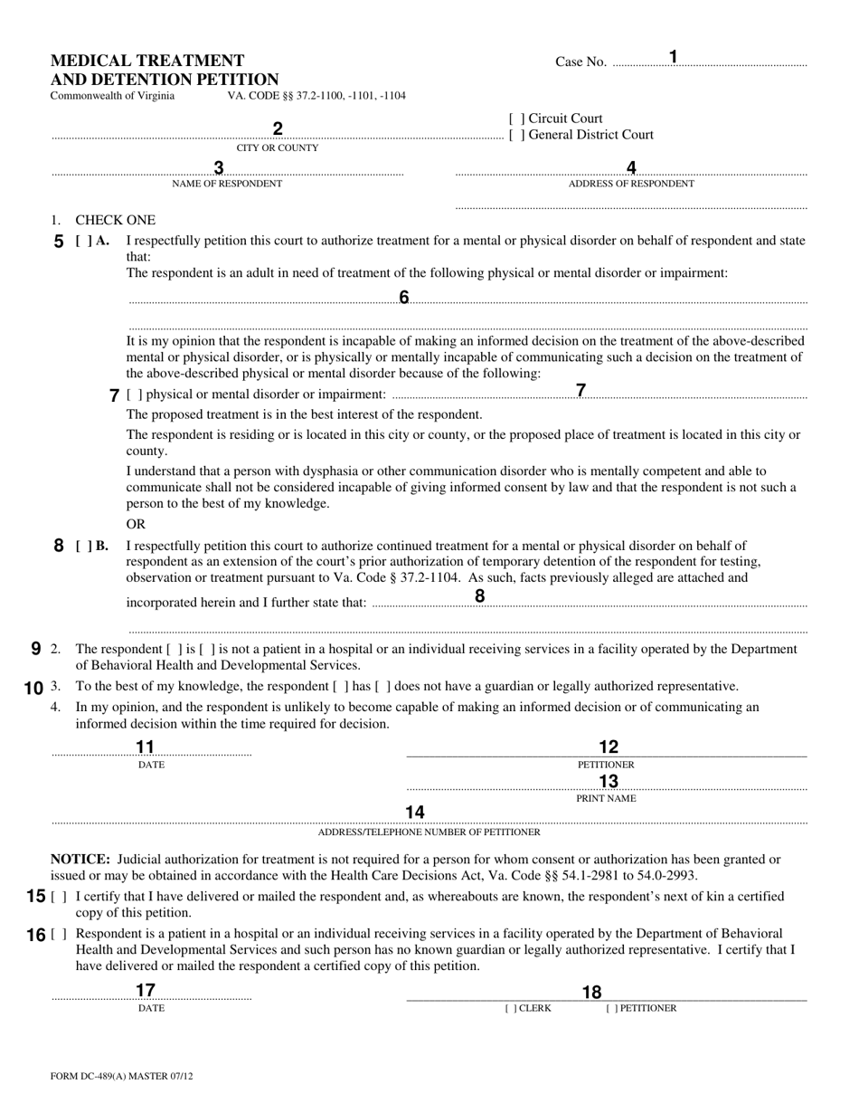 Instructions for Form DC-489(A) Medical Treatment and Detention Petition - Virginia, Page 2