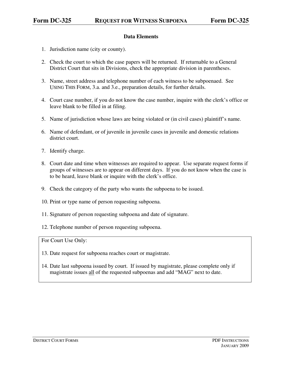 Instructions for Form DC-325 Request for Witness Subpoena - Virginia, Page 3