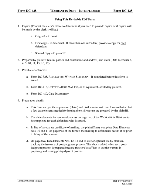 Instructions for Form DC-428 Warrant in Debt - Interpleader - Virginia