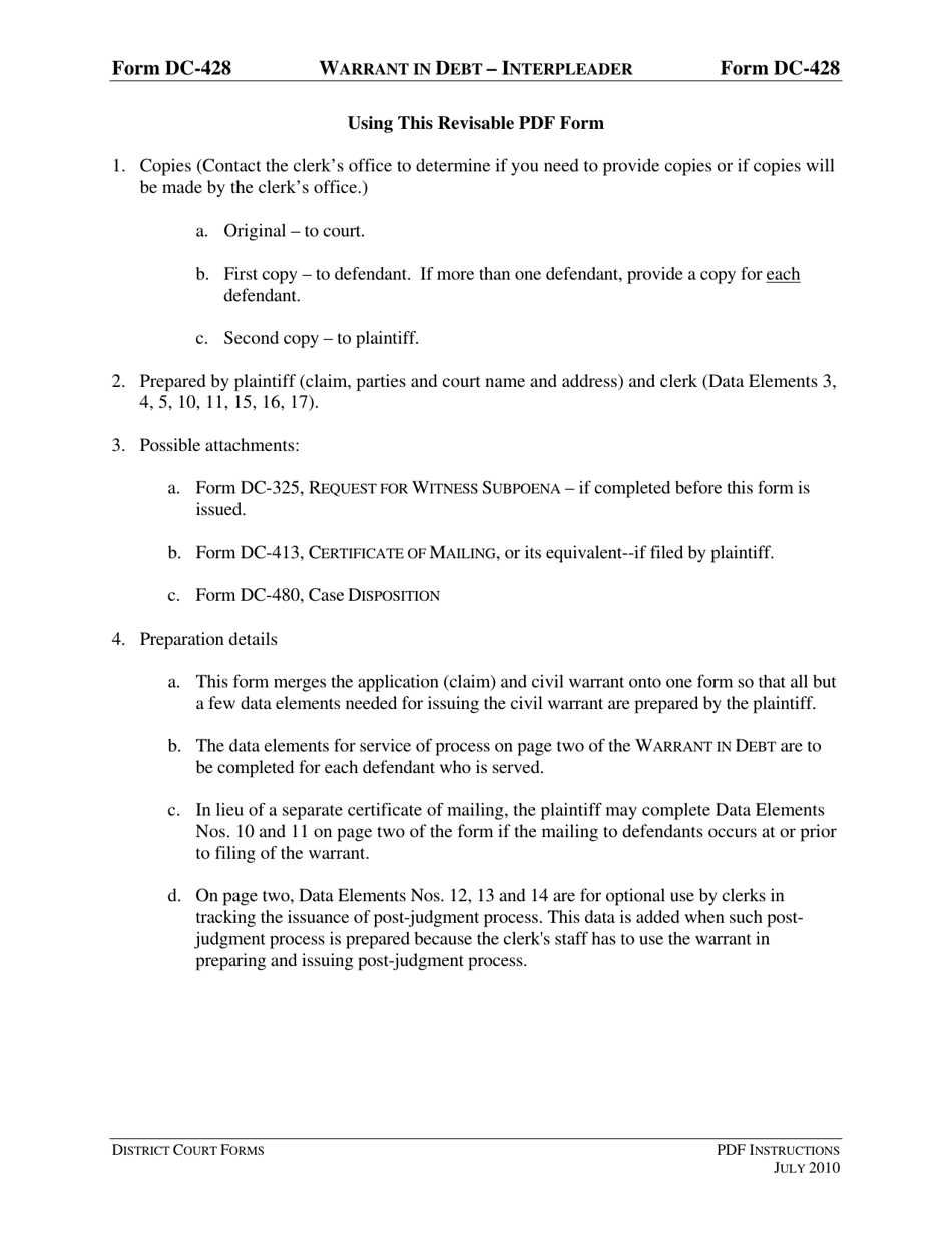 Instructions for Form DC-428 Warrant in Debt - Interpleader - Virginia, Page 1