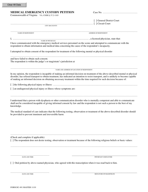 Form DC-491 Medical Emergency Custody Petition - Virginia