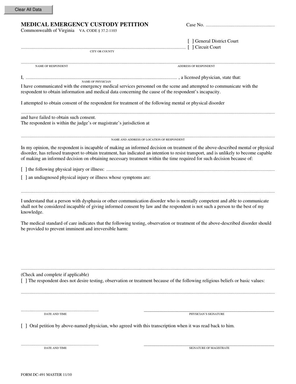 Form DC-491 Medical Emergency Custody Petition - Virginia, Page 1