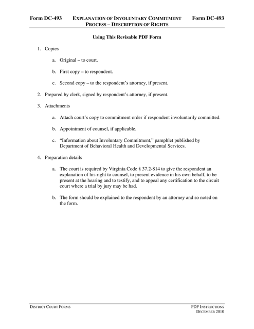 Instructions for Form DC-493 Explanation of Involuntary Commitment Process - Description of Rights - Virginia