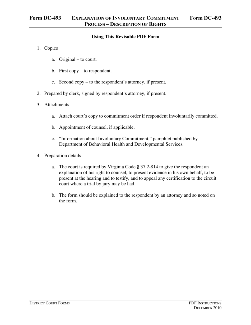 Instructions for Form DC-493 Explanation of Involuntary Commitment Process - Description of Rights - Virginia, Page 1