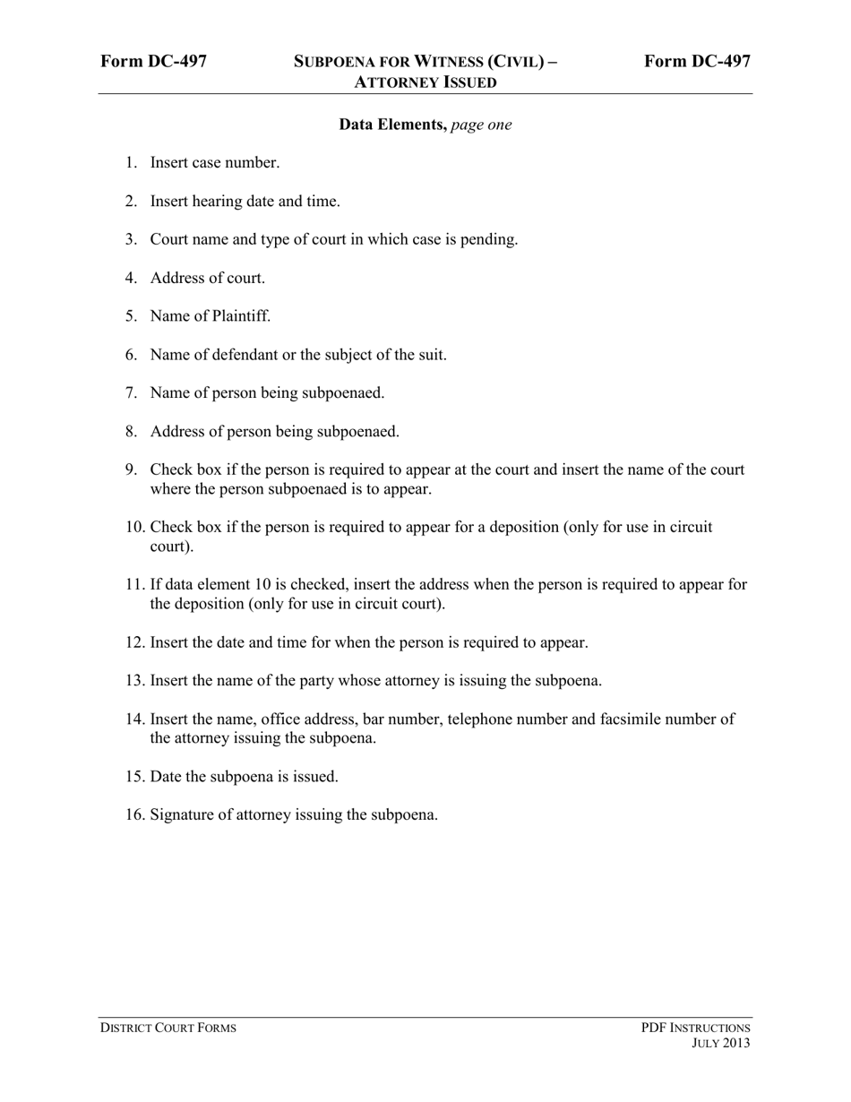 Instructions for Form DC-497 Subpoena for Witness (Civil) - Attorney Issued - Virginia, Page 3