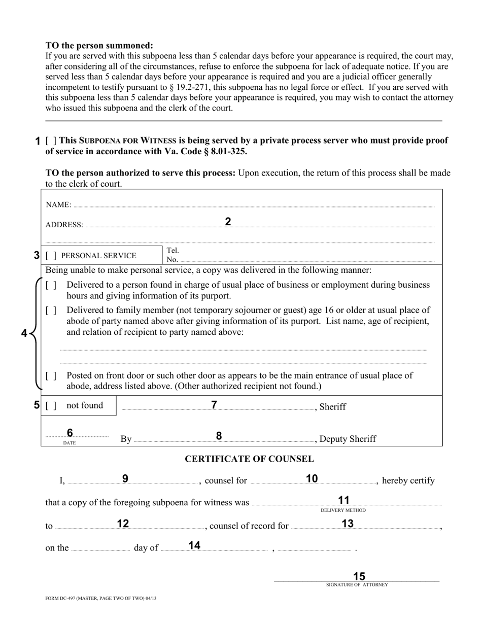 Instructions for Form DC-497 Subpoena for Witness (Civil) - Attorney Issued - Virginia, Page 4
