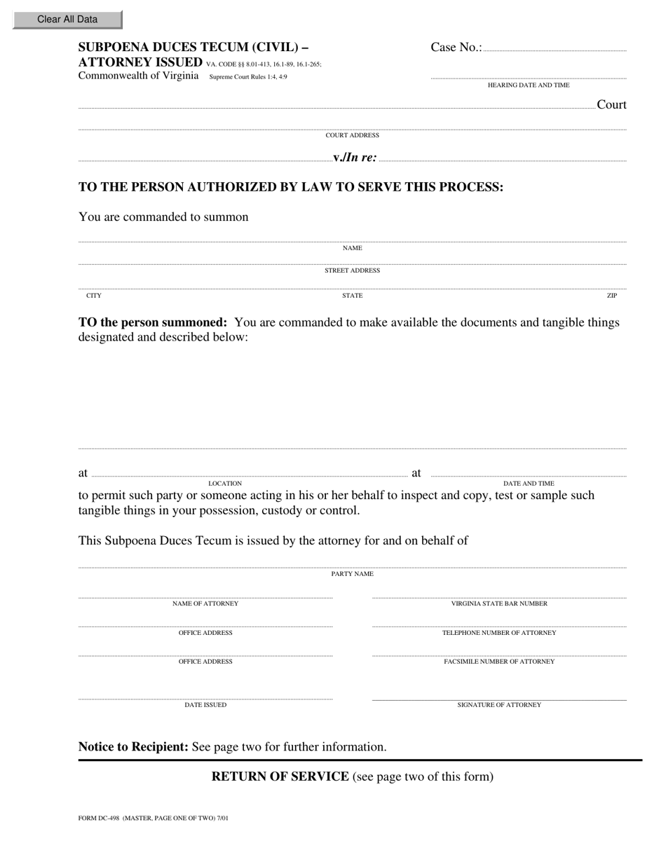 Form DC-498 Subpoena Duces Tecum (Civil) - Attorney Issued - Virginia, Page 1