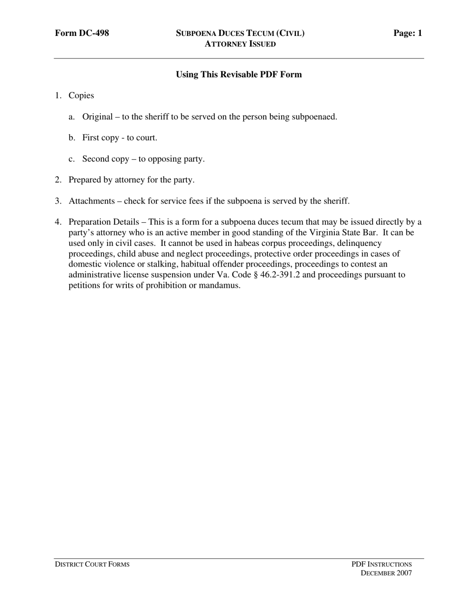 Instructions for Form DC-498 Subpoena Duces Tecum (Civil) Attorney Issued - Virginia, Page 1