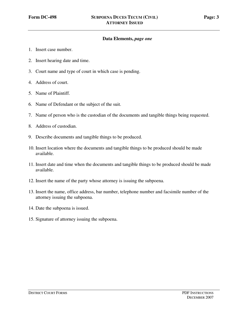Instructions for Form DC-498 Subpoena Duces Tecum (Civil) Attorney Issued - Virginia, Page 3