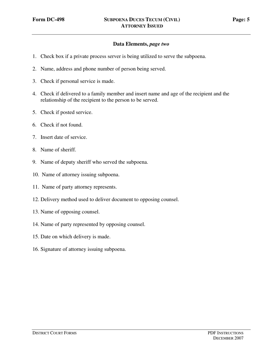 Instructions for Form DC-498 Subpoena Duces Tecum (Civil) Attorney Issued - Virginia, Page 5