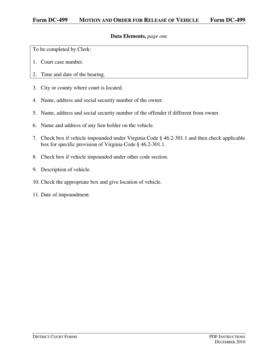 Instructions for Form DC-499 Motion and Order for Release of Vehicle - Virginia, Page 3