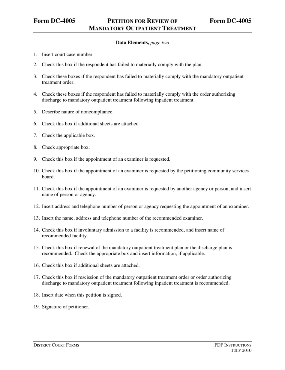 Instructions for Form DC-4005 Petition for Review of Mandatory Outpatient Treatment - Virginia, Page 5