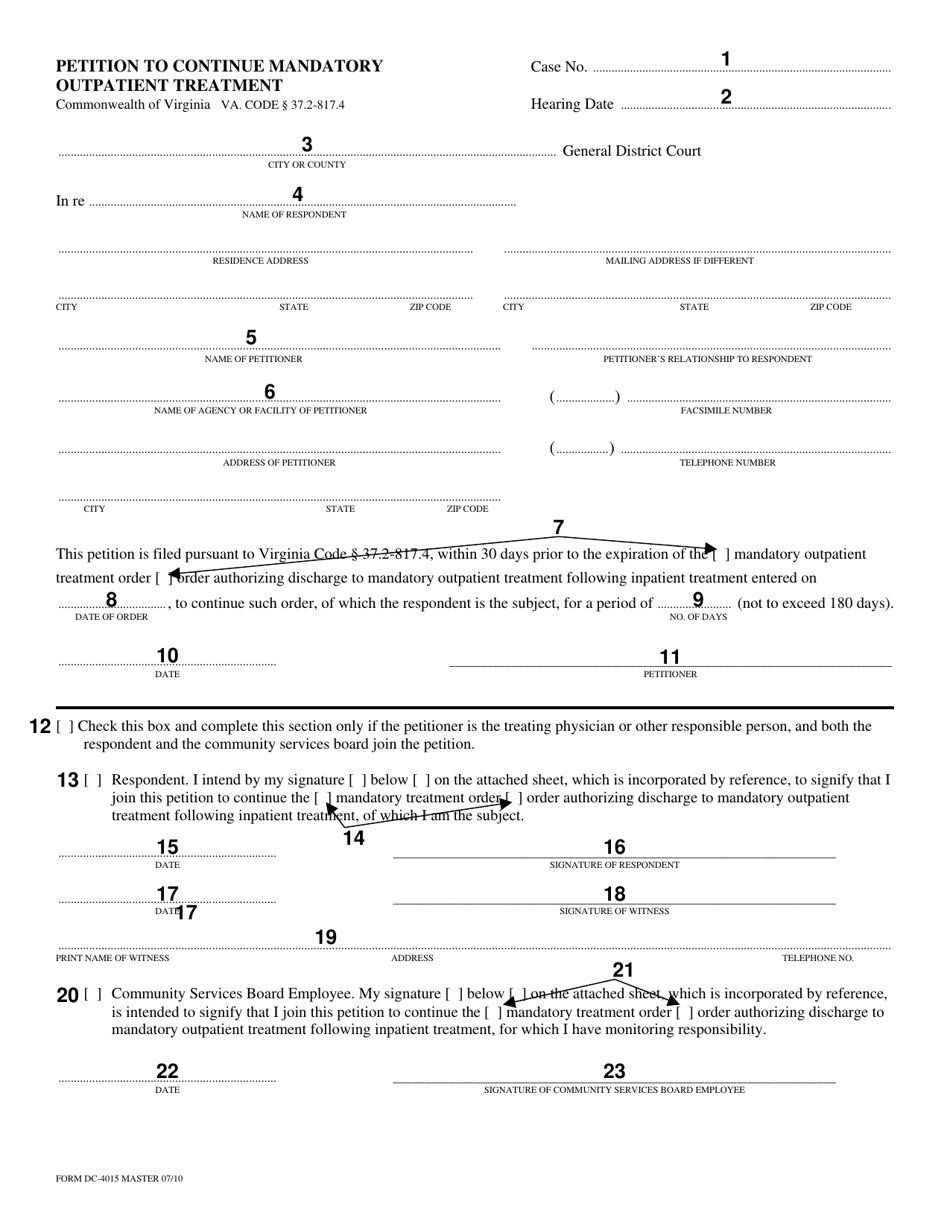 Instructions for Form DC-4015 Petition to Continue Mandatory Outpatient Treatment - Virginia, Page 2