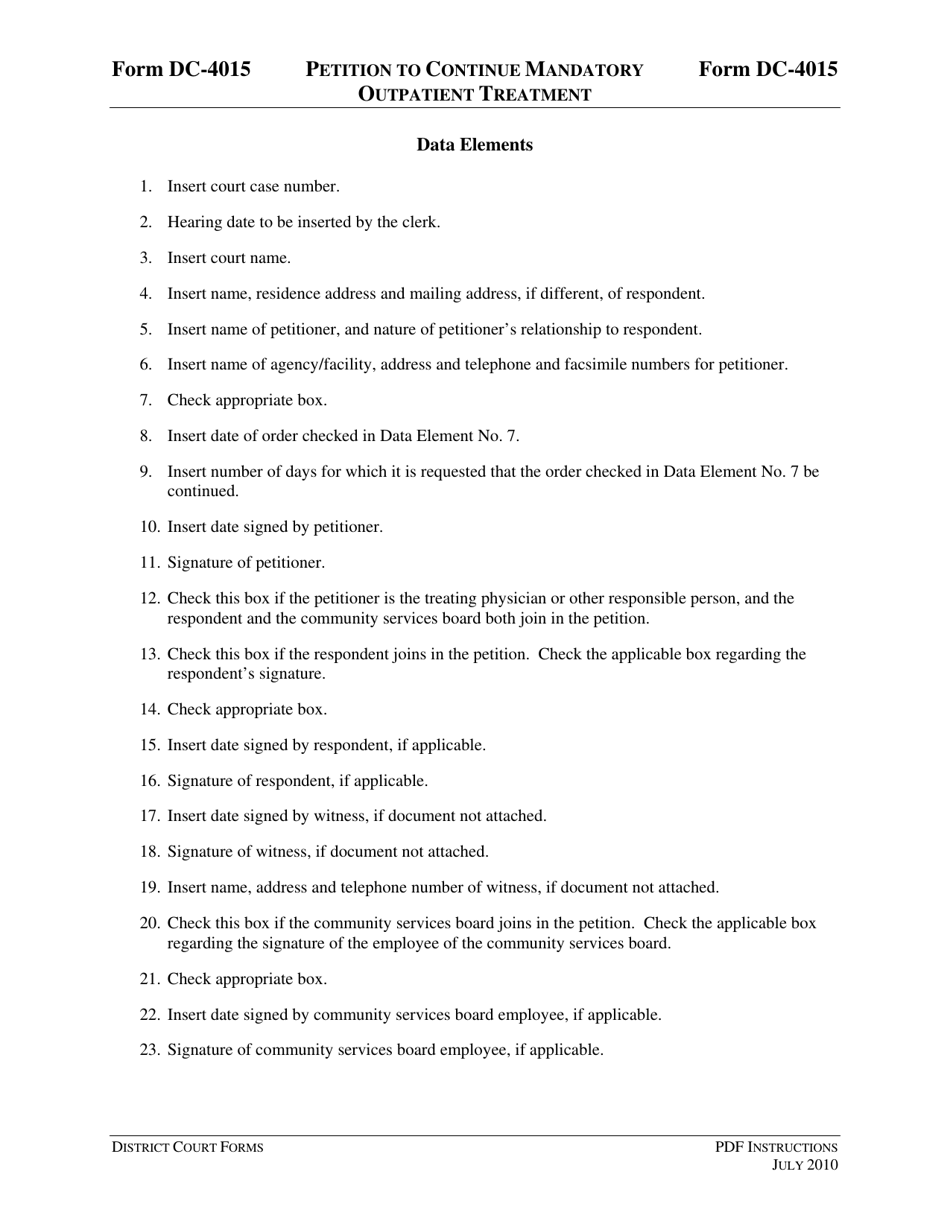 Instructions for Form DC-4015 Petition to Continue Mandatory Outpatient Treatment - Virginia, Page 3