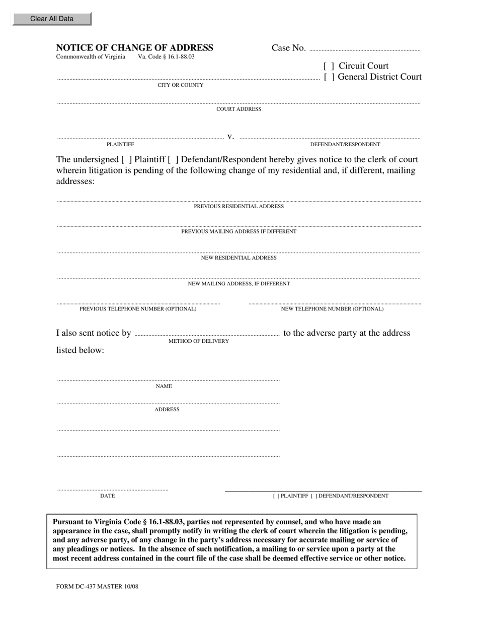 Form DC-437 Notice of Change of Address - Virginia, Page 1