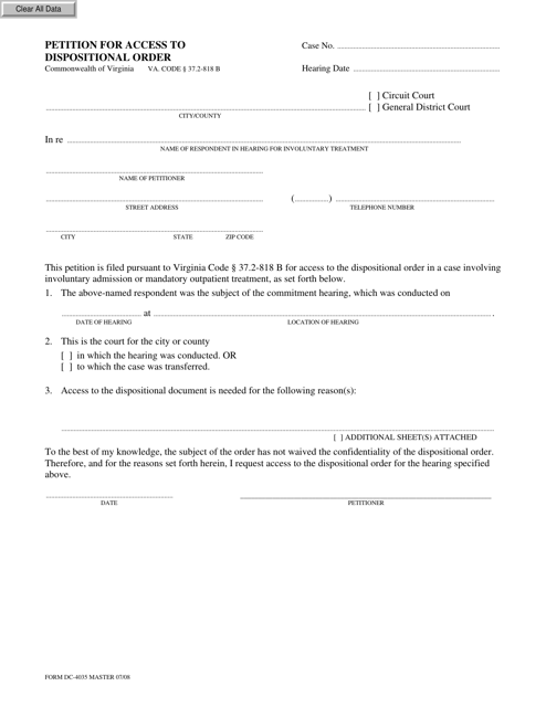 Form DC-4035 Petition for Access to Dispositional Order - Virginia