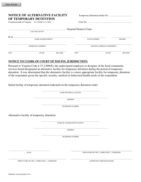 Form DC-4044 Notice of Alternative Facility of Temporary Detention - Virginia