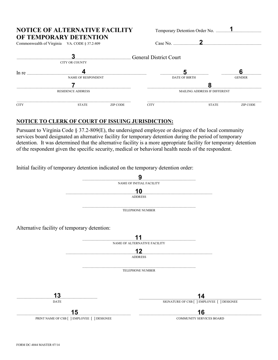 Instructions for Form DC-4044 Notice of Alternative Facility of Temporary Detention - Virginia, Page 2