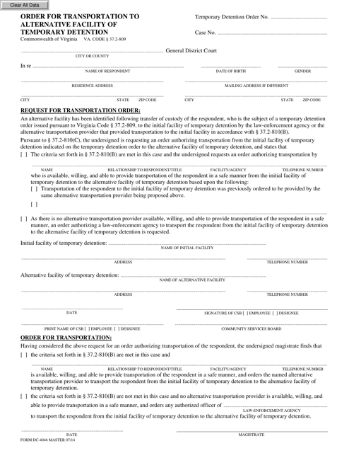 Form DC-4046 Order for Transportation to Alternative Facility of Temporary Detention - Virginia