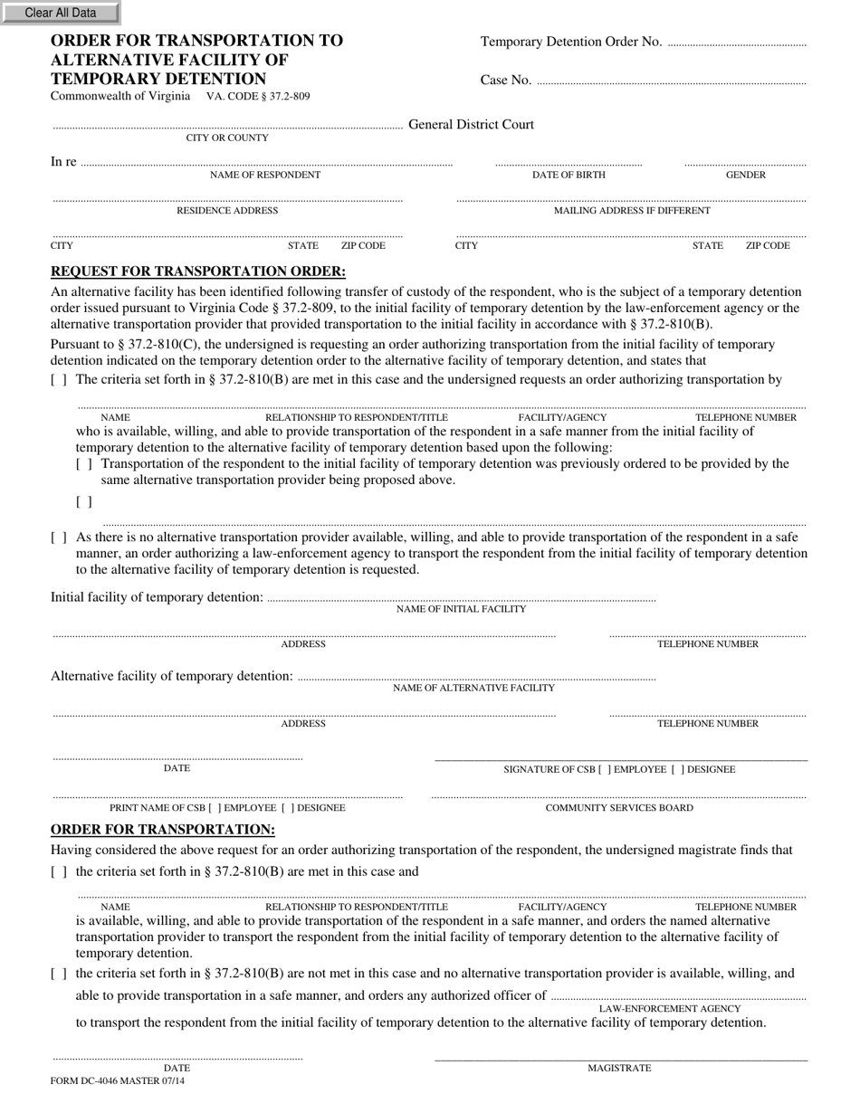 Form DC-4046 Order for Transportation to Alternative Facility of Temporary Detention - Virginia, Page 1