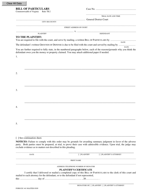 Form DC-441 Bill of Particulars - Virginia