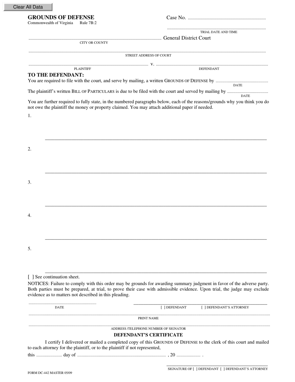 Form DC-442 Grounds of Defense - Virginia, Page 1