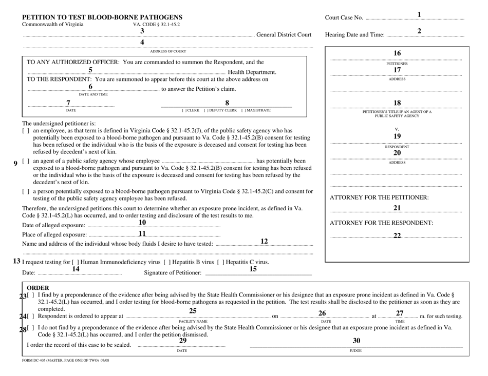 Instructions for Form DC-405 Petition to Test for Blood-Borne Pathogens - Virginia, Page 2