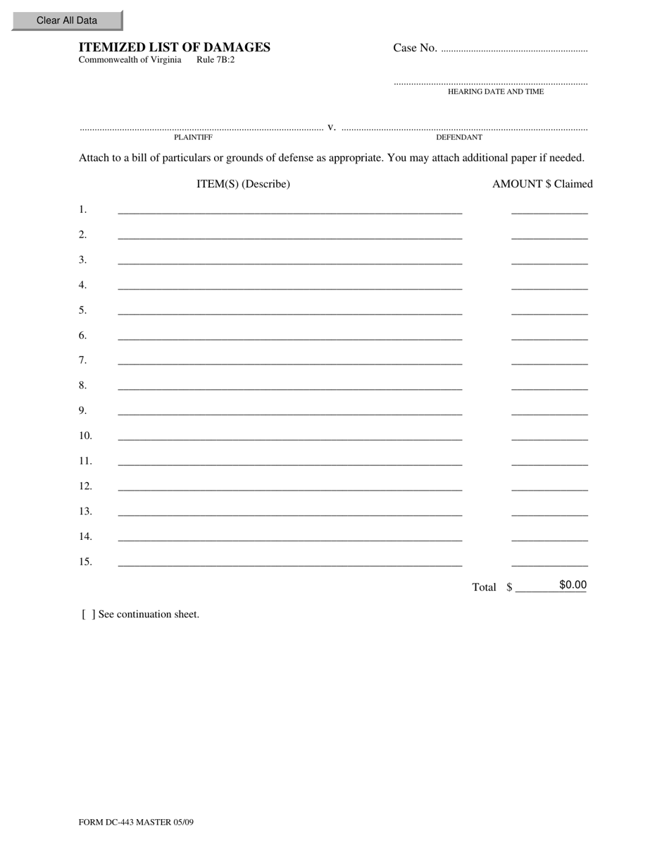 Form DC-443 Itemized List of Damages - Virginia, Page 1