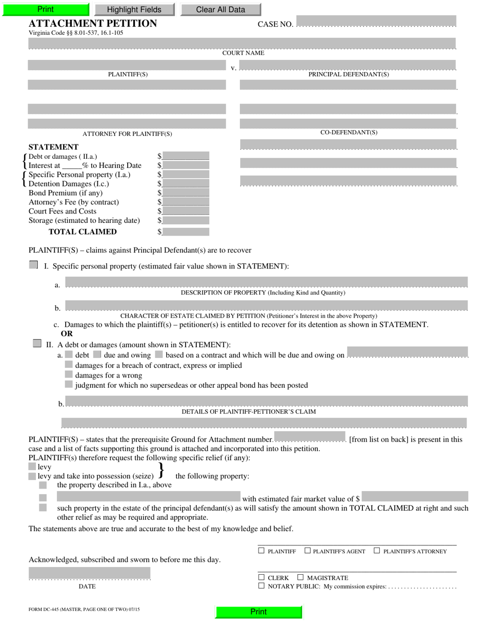 Form DC-445 Attachment Petition - Virginia, Page 1