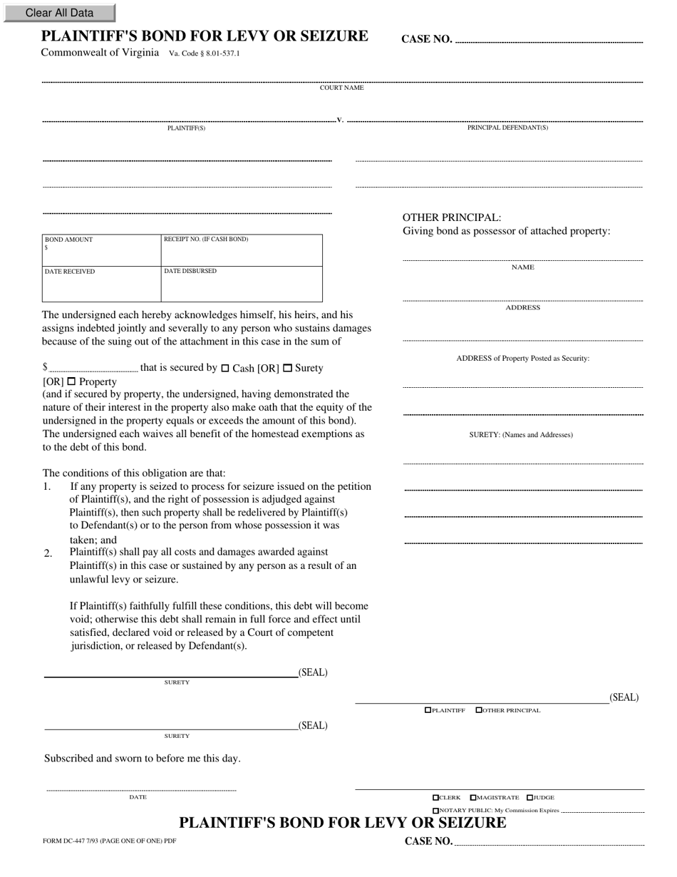 Form DC-447 Plaintiffs Bond for Levy or Seizure - Virginia, Page 1