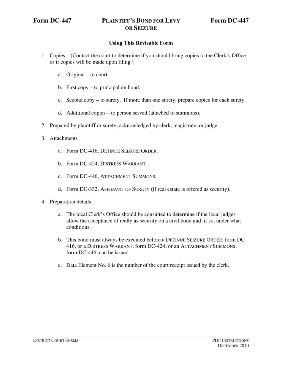 Instructions for Form DC-447 Plaintiff's Bond for Levy or S Eizure - Virginia, Page 1
