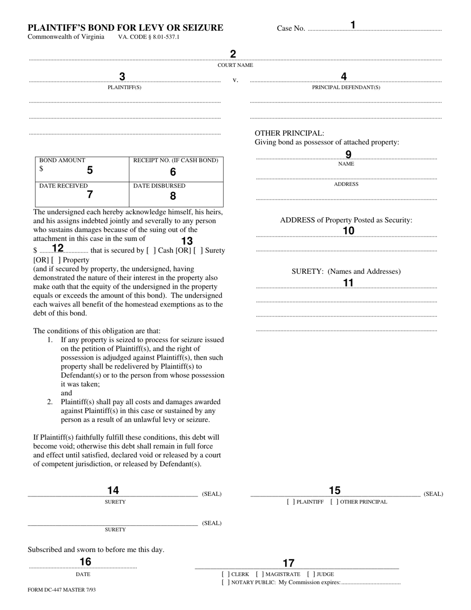 Instructions for Form DC-447 Plaintiffs Bond for Levy or S Eizure - Virginia, Page 2
