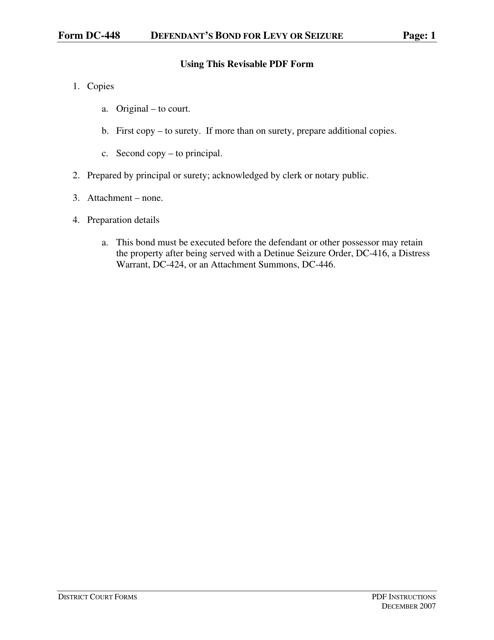 Instructions for Form DC-448 Defendant's Bond for Levy or Seizure - Virginia