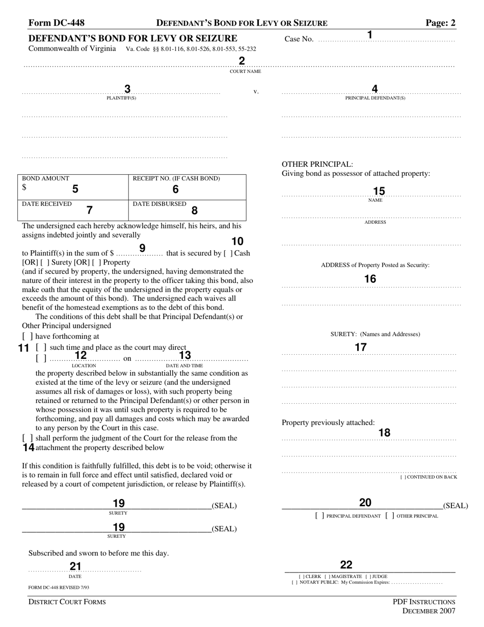 Instructions for Form DC-448 Defendants Bond for Levy or Seizure - Virginia, Page 2