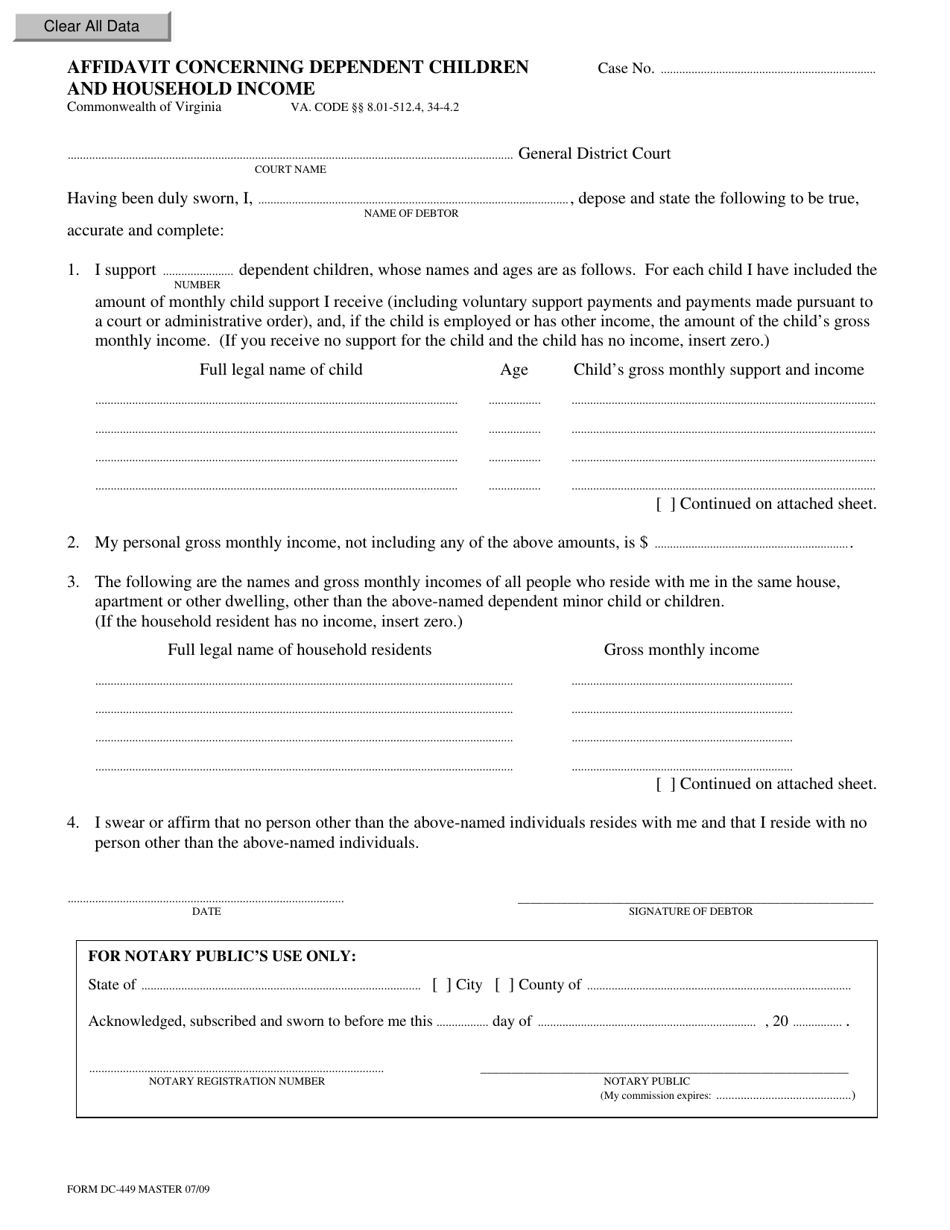 Form DC-449 Affidavit Concerning Dependent Children and Household Income - Virginia, Page 1