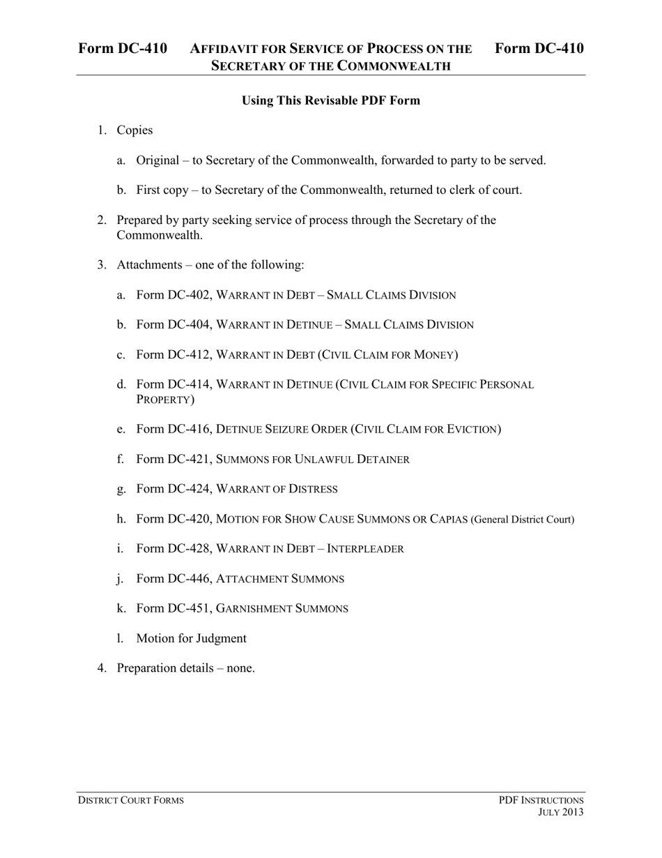Download instructions for form dc 410 affidavit for service of process
