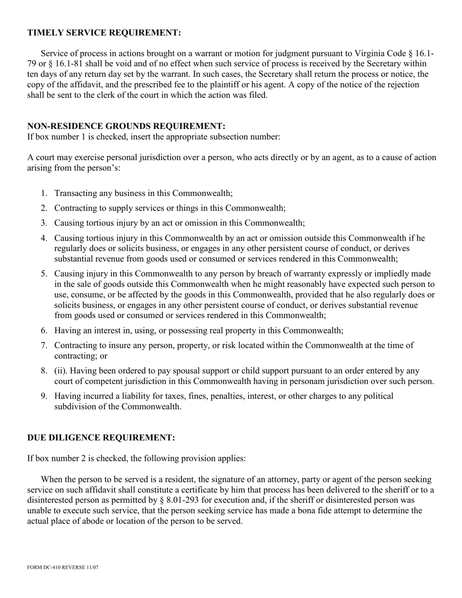 Instructions for Form DC-410 Affidavit for Service of Process on the Secretary of the Commonwealth - Virginia, Page 4