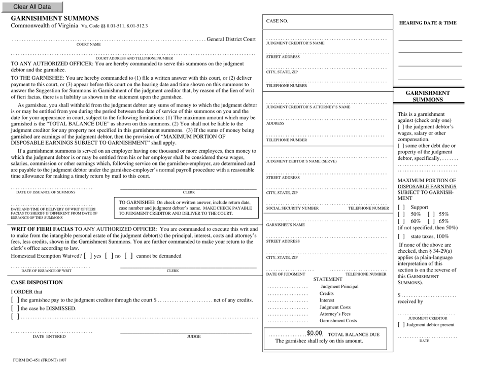 Form DC-451 Garnishment Summons - Virginia, Page 1