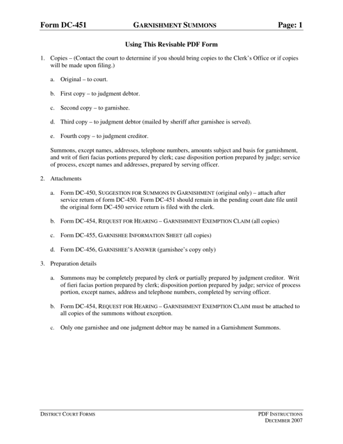 Instructions for Form DC-451 Garnishment Summons - Virginia