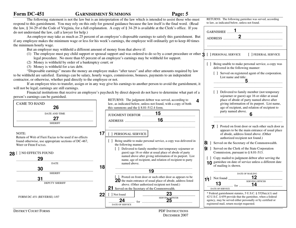 Instructions for Form DC-451 Garnishment Summons - Virginia, Page 5