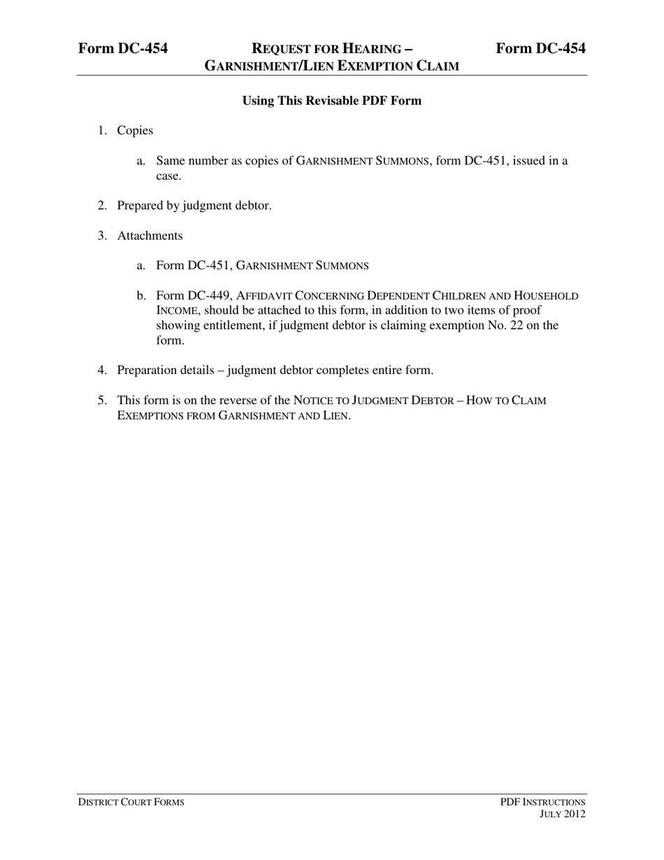 Instructions for Form DC-454 Request for Hearing - Garnishment / Lien Exemption Claim - Virginia, Page 1