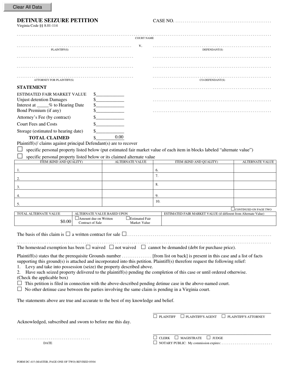 Form DC-415 Detinue Seizure Petition - Virginia, Page 1