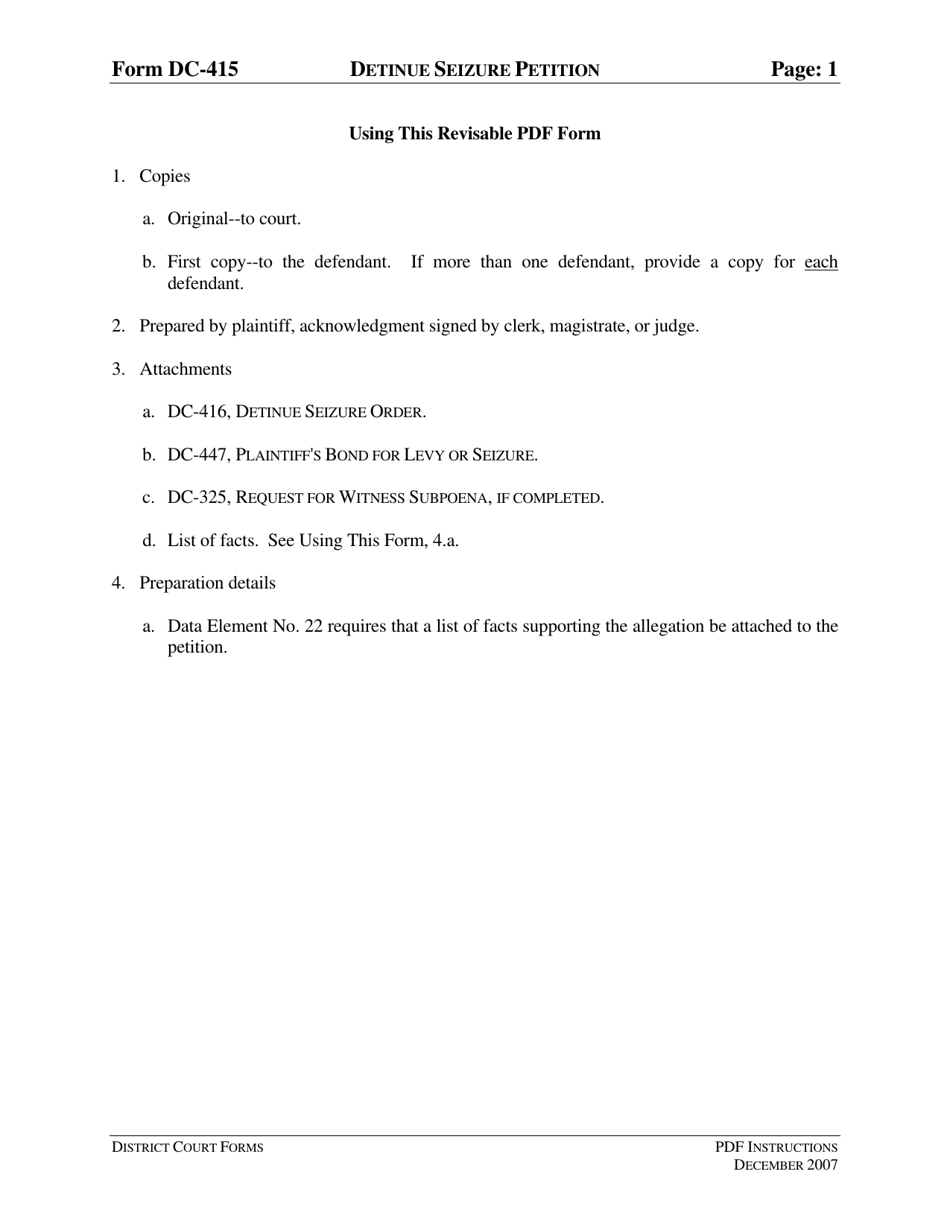 Download Instructions for Form DC415 Detinue Seizure Petition PDF