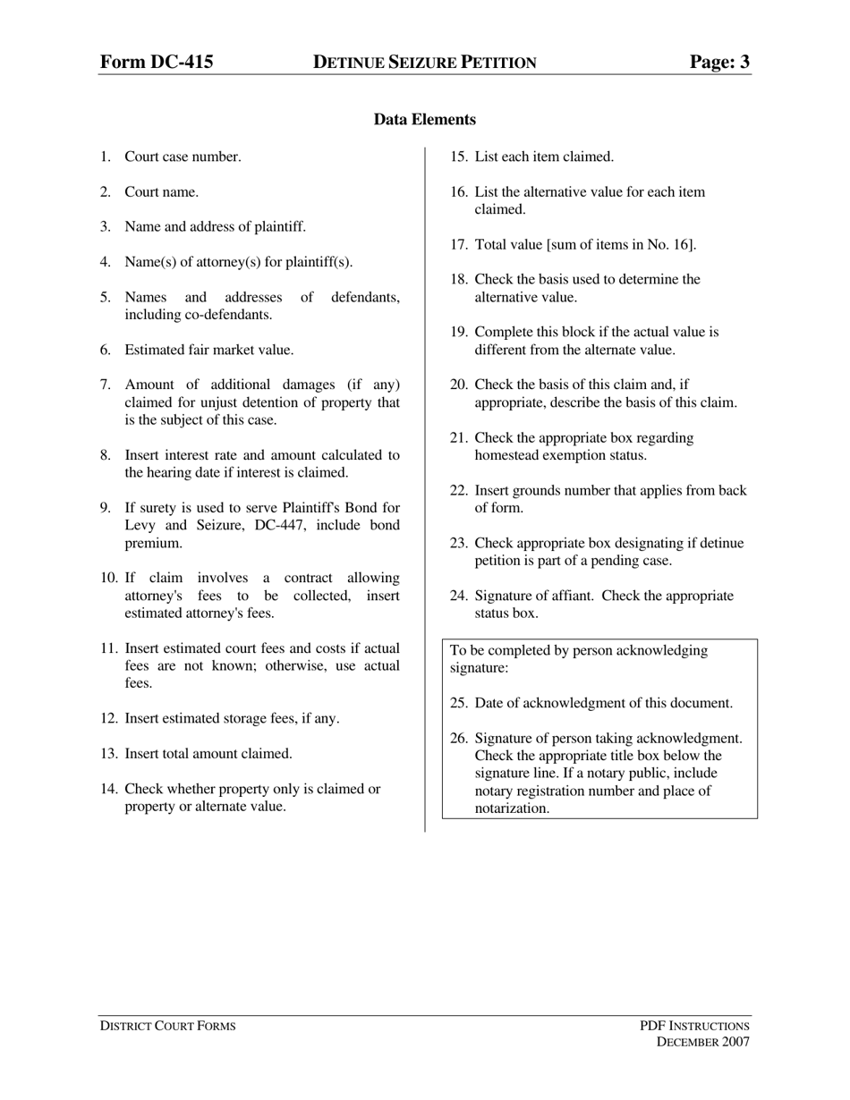 Instructions for Form DC-415 Detinue Seizure Petition - Virginia, Page 3