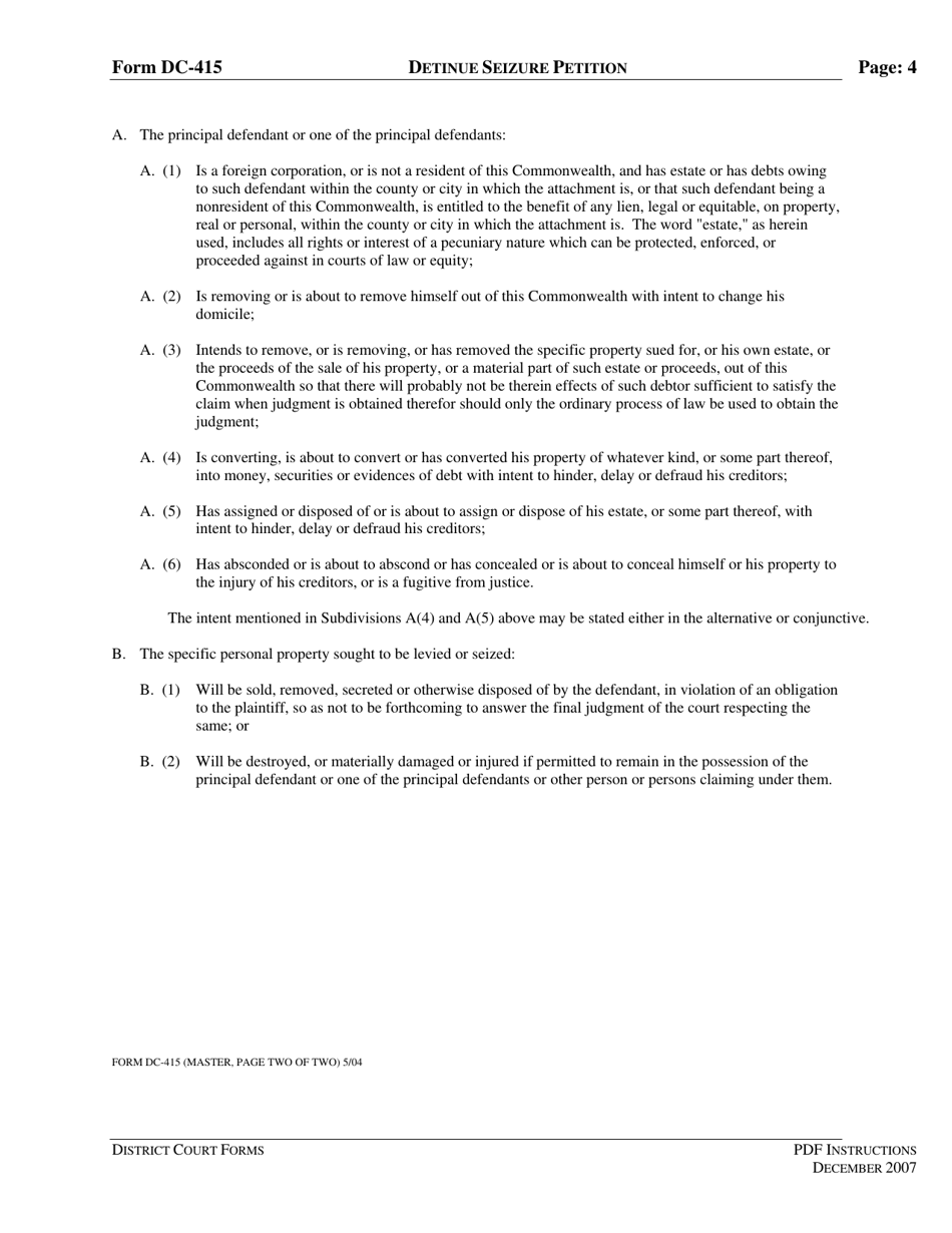 Instructions for Form DC-415 Detinue Seizure Petition - Virginia, Page 4